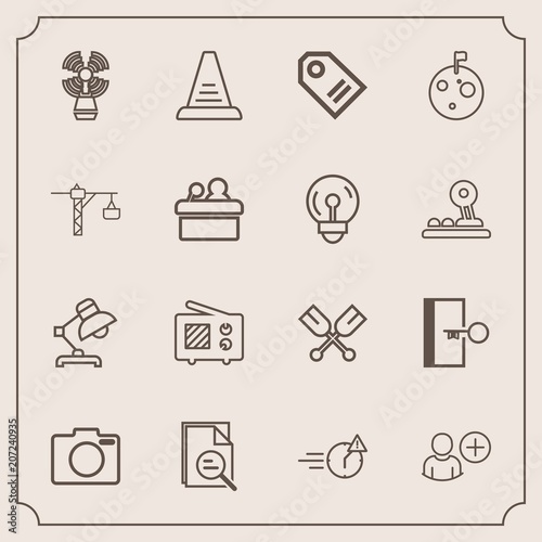 Modern, simple vector icon set with photo, seamark, lighthouse, communication, camera, add, lens, tag, late, technology, sign, oar, sea, lamp, night, wireless, door, water, concept, office, zoom icons