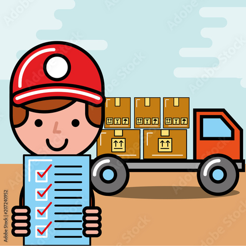 operator boy truck boxes and checklist logistic and delivery vector illustration