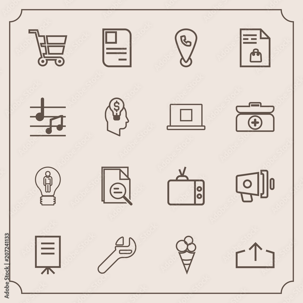Modern, simple vector icon set with shop, announcement, tv, loud, personal, identity, retail, white, location, idea, equipment, food, wrench, download, speaker, presentation, loudspeaker, map icons