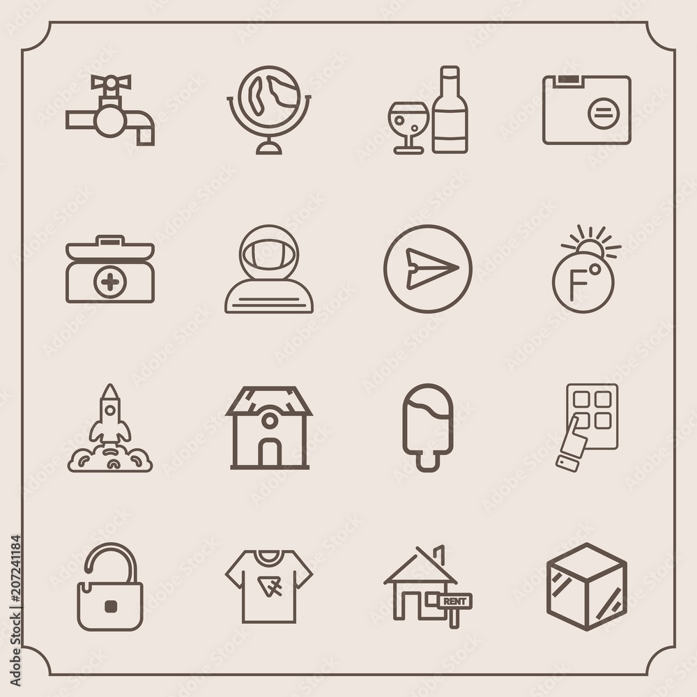 Fototapeta premium Modern, simple vector icon set with science, property, shuttle, food, dessert, launch, package, modern, red, internet, tshirt, home, technology, template, ice, space, global, architecture, water icons