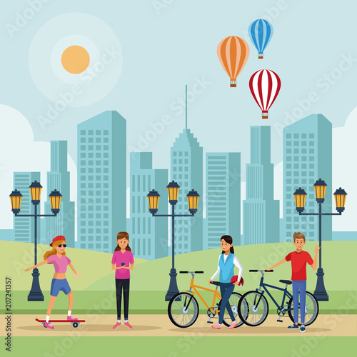 People in the park at sunny day scenery vector illustration graphic design photo