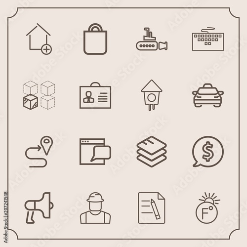 Modern, simple vector icon set with chat, business, tag, internet, route, apartment, file, loud, person, home, gift, announcement, price, construction, engineer, navigation, scale, bag, present icons