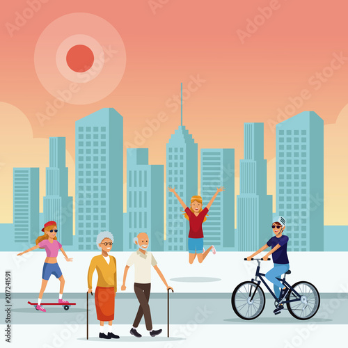 People in the park at sunny day scenery vector illustration graphic design