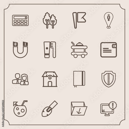 Modern, simple vector icon set with building, computer, environment, juice, flag, team, nature, protect, box, waste, home, garbage, shield, drink, desktop, rubbish, business, equipment, staff icons