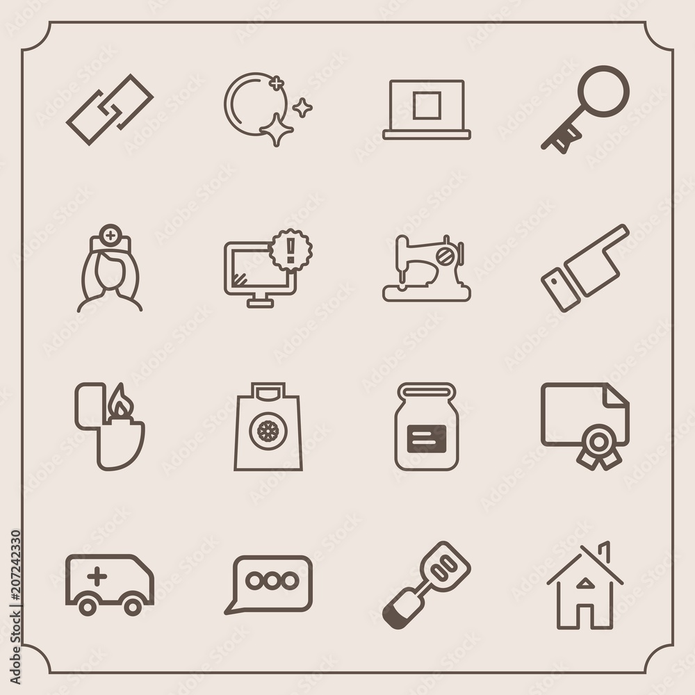 Fototapeta premium Modern, simple vector icon set with ambulance, fire, lighter, home, medical, diploma, achievement, kitchen, award, aluminum, spatula, car, metal, sign, retail, frame, cigarette, gift, link, moon icons