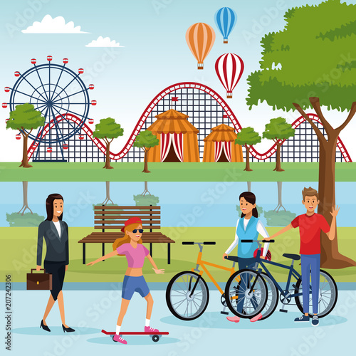 People in the amusement park at sunny day scenery vector illustration graphic design