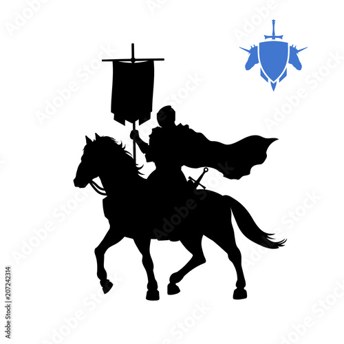 Black silhouette of medieval knight with banner . Fantasy warlord character. Games icon of paladin on horse. Isolated drawing of warrior