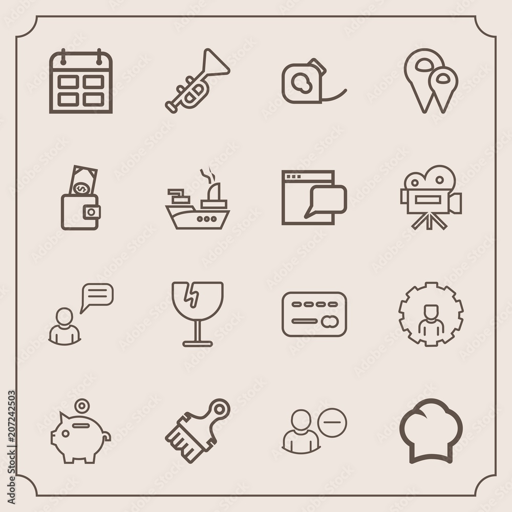 Modern, simple vector icon set with day, chef, window, food, internet, delete, web, destruction, brush, card, online, bank, jazz, musical, mobile, insulating, chat, tape, friction, cook, uniform icons