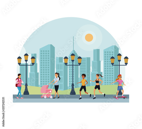 People in the park at sunny day scenery vector illustration graphic design