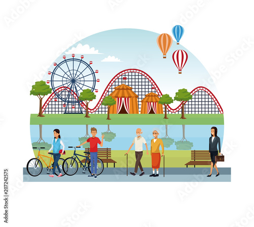 People in the amusement park at sunny day scenery vector illustration graphic design