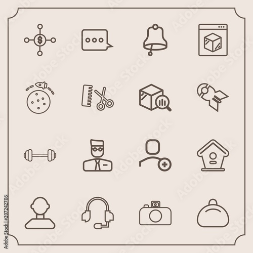 Modern, simple vector icon set with ring, exercise, headset, dollar, fashion, wooden, business, object, delivery, gym, message, sport, rocket, bell, house, bag, account, support, birdhouse, hair icons