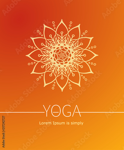 Orange Vector poster or cover for Yoga or Wellness center. Abstract a flower or the sun with rays as a symbol of life and health.