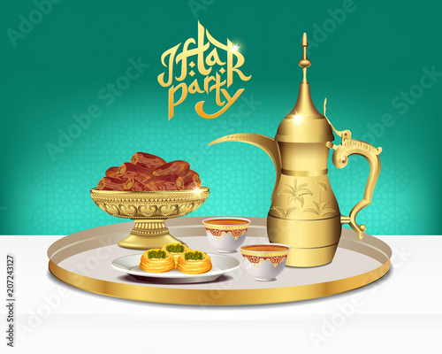 arabic tea set with bowl of dates. Ramadan iftar party food. 3d vector illustration