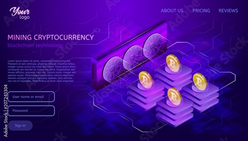 Blockchain system or technology. Mining process. Bitcoin cryptocurrency server farm. Isometric vector illustration in ultraviolet colors.