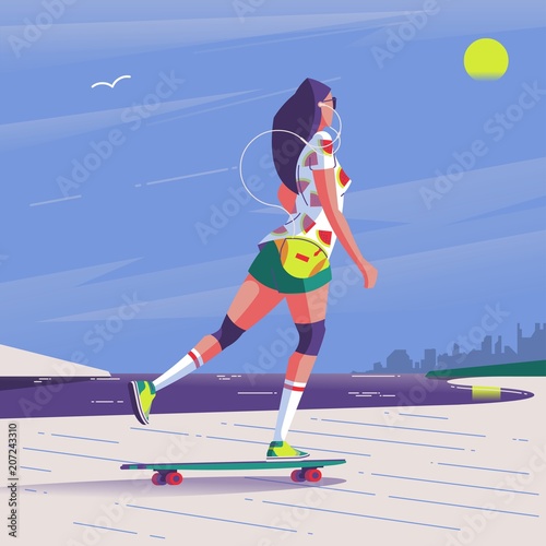 Girl riding her longboard on the beach illustration