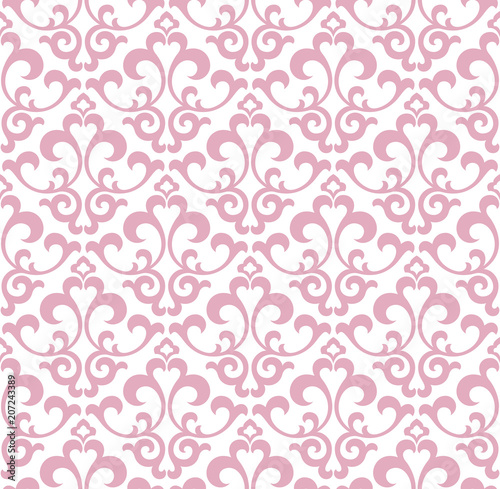 Wallpaper in the style of Baroque. A seamless vector background. White and pink floral ornament. Graphic pattern for fabric, wallpaper, packaging. Ornate Damask flower ornament