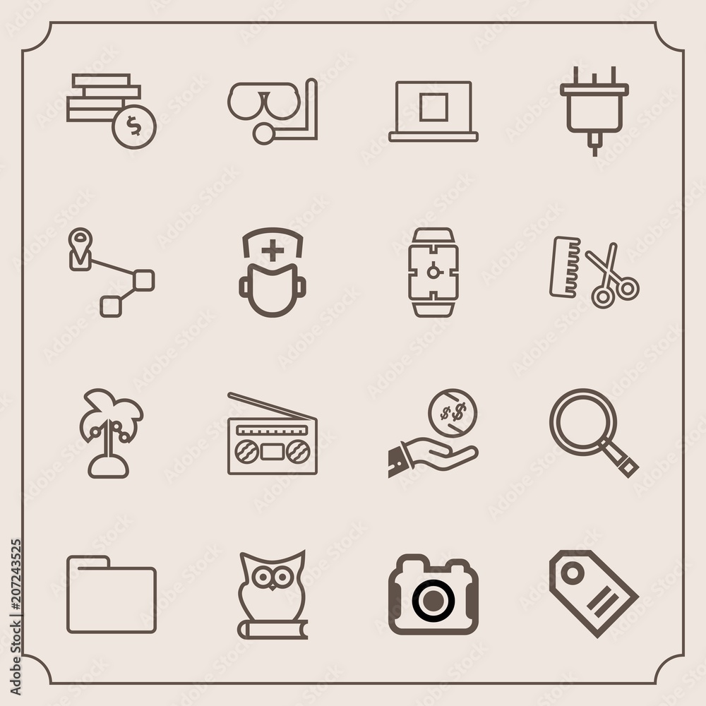 Modern, simple vector icon set with glass, radio, money, sea, search, leaf, investment, music, technology, camera, plug, tag, equipment, file, owl, record, web, price, animal, palm, tropical icons Modern, simple vector icon set with glass, radio, money, sea, search, leaf, investment, music, technology, camera, plug, tag, equipment, file, owl, record, web, price, animal, palm, tropical icons
