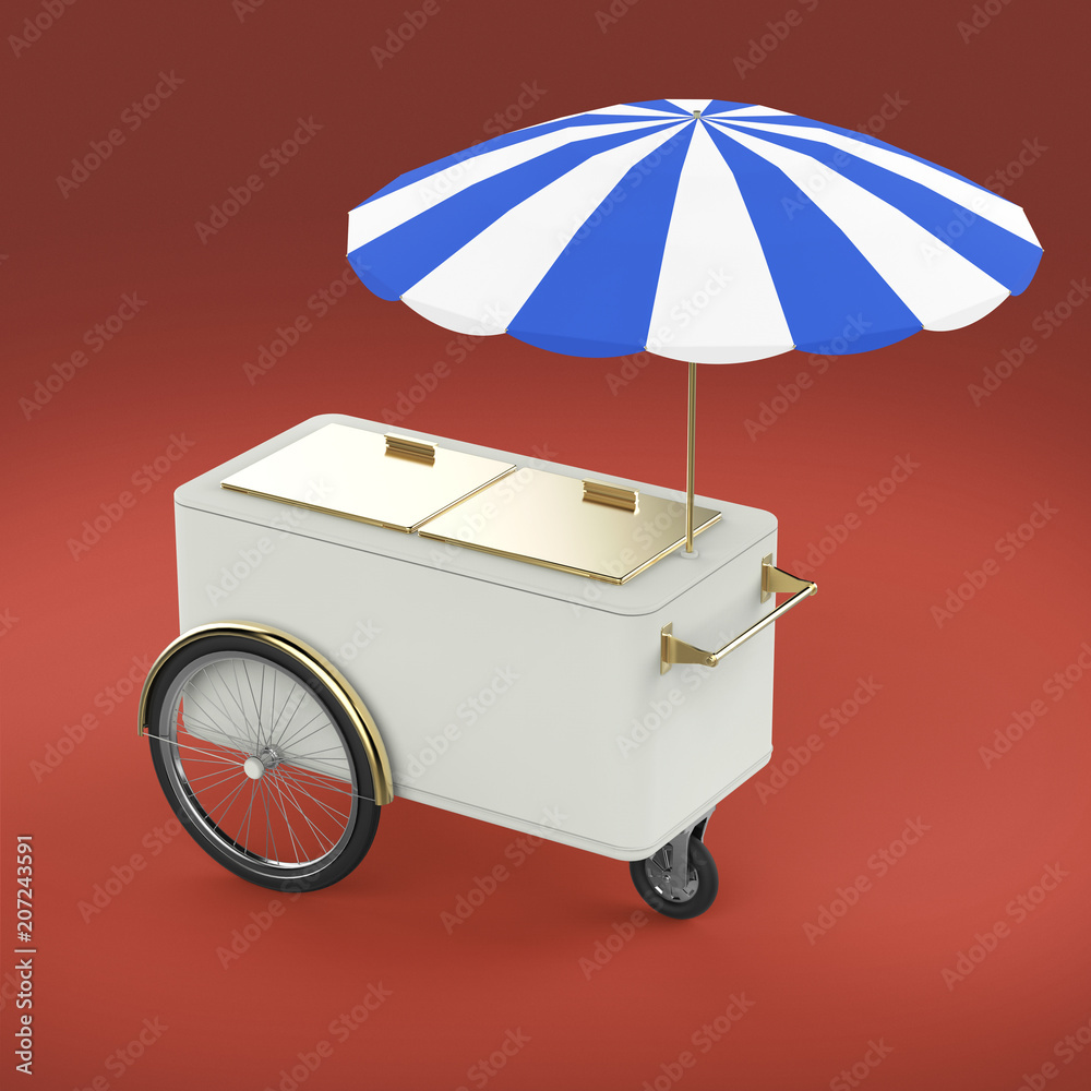 Promotion counter on wheels with umbrella, food, ice cream, hot dog push cart Retail Trade Stand Isolated  render