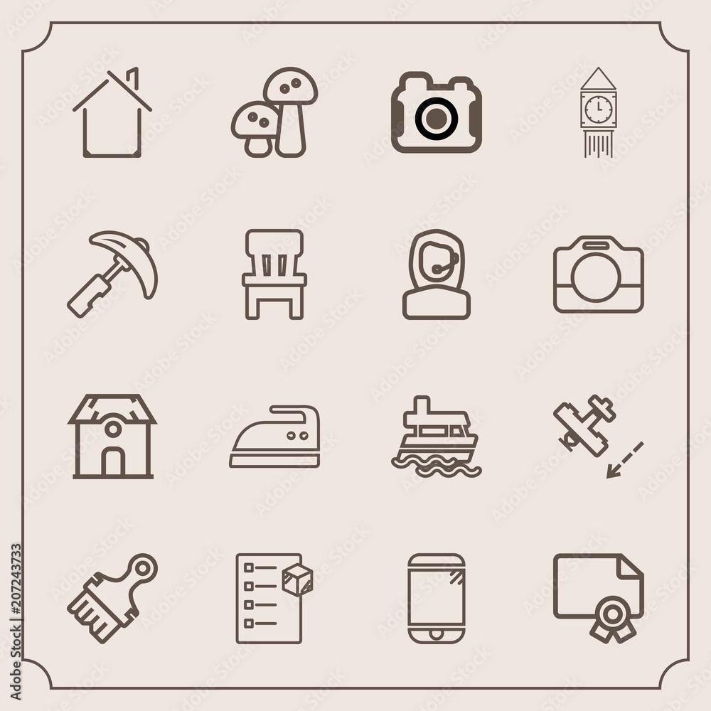 Modern, simple vector icon set with estate, checklist, award, housework, delivery, food, sea, ocean, brush, certificate, cargo, vessel, ironing, flight, frame, iron, aircraft, photo, building icons