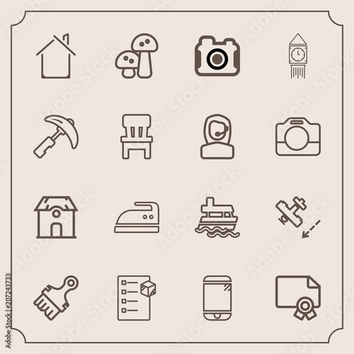 Modern, simple vector icon set with estate, checklist, award, housework, delivery, food, sea, ocean, brush, certificate, cargo, vessel, ironing, flight, frame, iron, aircraft, photo, building icons