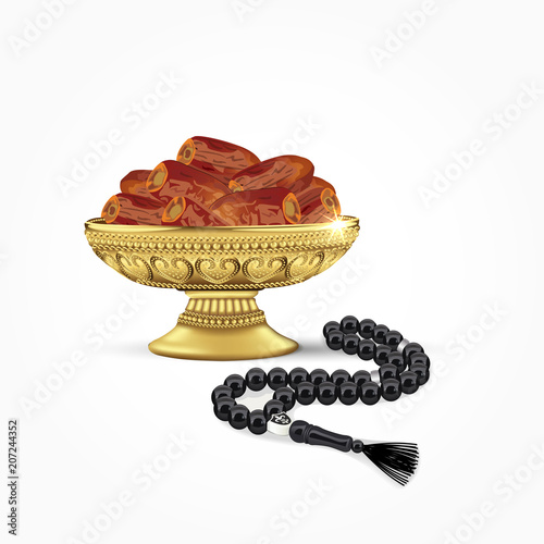 Classic arabic bowl of dates with islamic rosary beads isolated on white background. ramadan fasting simbol