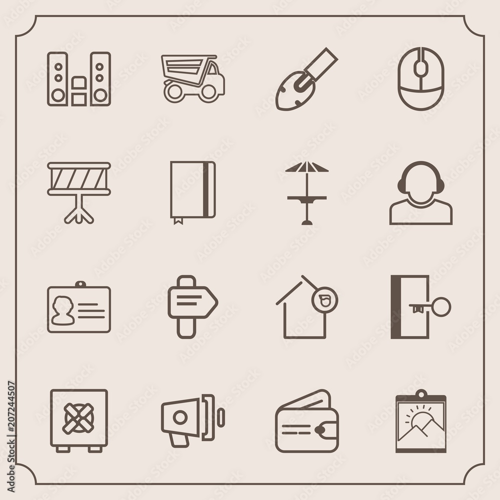 Modern, simple vector icon set with identity, exit, loudspeaker, arrow, escape, name, speaker, way, construction, home, megaphone, picture, owner, photo, frame, lock, wallet, direction, dumper icons Modern, simple vector icon set with identity, exit, loudspeaker, arrow, escape, name, speaker, way, construction, home, megaphone, picture, owner, photo, frame, lock, wallet, direction, dumper icons