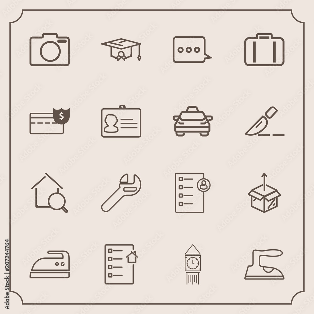 Modern, simple vector icon set with photo, camera, estate, technology, wrench, new, package, checklist, iron, search, unpacking, cardboard, tower, domestic, graduation, business, online, repair icons Modern, simple vector icon set with photo, camera, estate, technology, wrench, new, package, checklist, iron, search, unpacking, cardboard, tower, domestic, graduation, business, online, repair icons