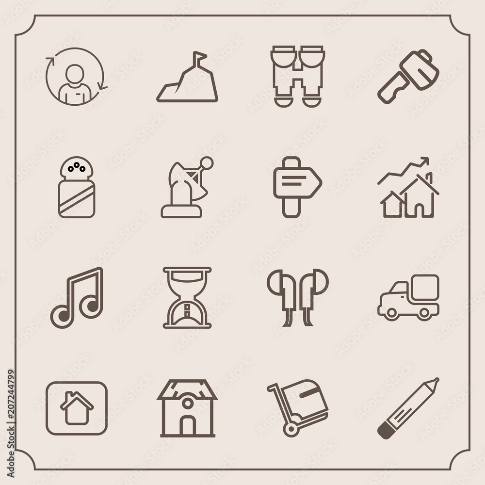 Modern, simple vector icon set with refresh, quality, estate, mountain, tool, pencil, nature, landscape, travel, technology, note, music, bag, headset, view, timer, construction, luggage, white icons Modern, simple vector icon set with refresh, quality, estate, mountain, tool, pencil, nature, landscape, travel, technology, note, music, bag, headset, view, timer, construction, luggage, white icons