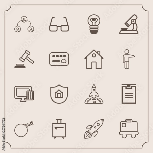 Modern, simple vector icon set with trip, electric, launch, card, delivery, suitcase, package, war, research, science, laboratory, credit, justice, payment, bulb, baggage, eyeglasses, falling icons