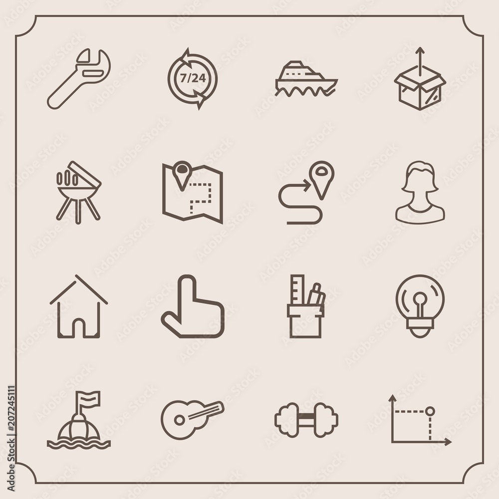 Fototapeta premium Modern, simple vector icon set with house, office, support, operator, electricity, buoy, light, package, call, repair, service, click, music, transport, workout, home, life, work, sign, gym, sea icons