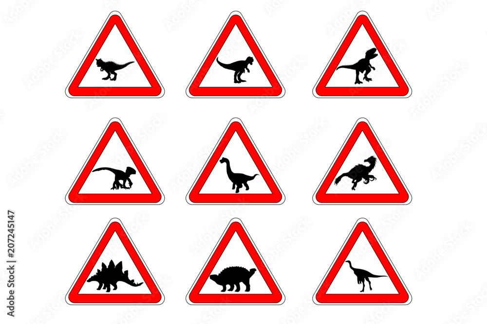 Attention Dinosaur Dangers Yellow Road Sign Stock Vector (Royalty Free)  577997356
