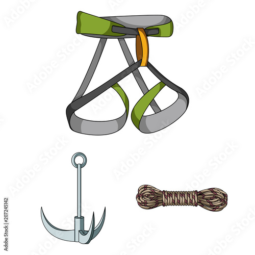 Mountaineering and climbing cartoon icons in set collection for design. Equipment and accessories vector symbol stock web illustration.