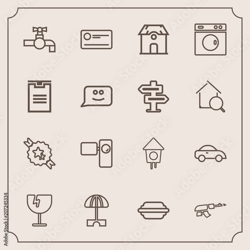 Modern, simple vector icon set with destruction, building, burger, shattered, hamburger, decorative, tripod, house, birdhouse, architecture, umbrella, vehicle, parasol, sun, tap, crash, window icons