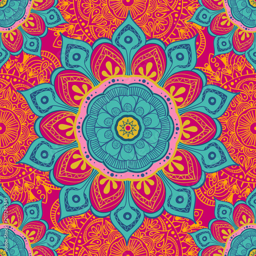 Flower mandala colorful background for cards, prints, textile and coloring books. Seamless pattern