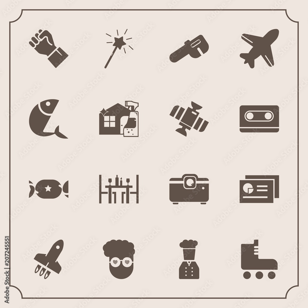 Fototapeta premium Modern, simple vector icon set with flight, sport, travel, wand, aircraft, magic, document, seafood, fish, restaurant, fun, hand, concept, skating, housework, hipster, human, candy, chart, skate icons