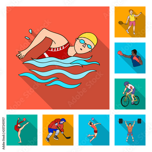 Different kinds of sports flat icons in set collection for design. Athlete, competitions vector symbol stock web illustration.