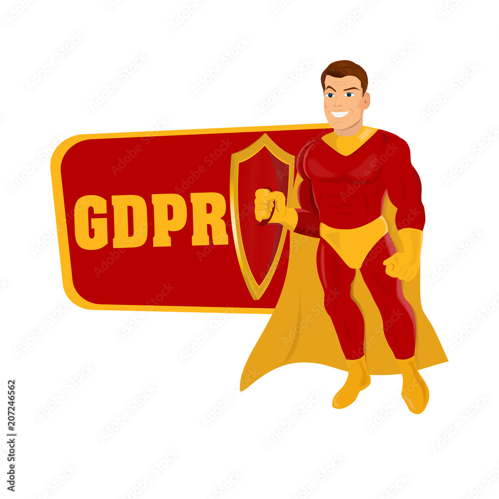 Male superhero with shield and inscription GDPR cartoon style vector illustration isolated on white man in casual suit and in superhero disguise, super power. Male superhero with shield and inscription GDPR cartoon style vector illustration isolated on white man in casual suit and in superhero disguise, super power.