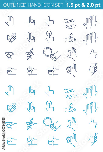 Various gestures and postures of outlined human hands. Vector flat linear illustrations of male and female hands in different positions. Line icon set for infographic isolated on a white background.