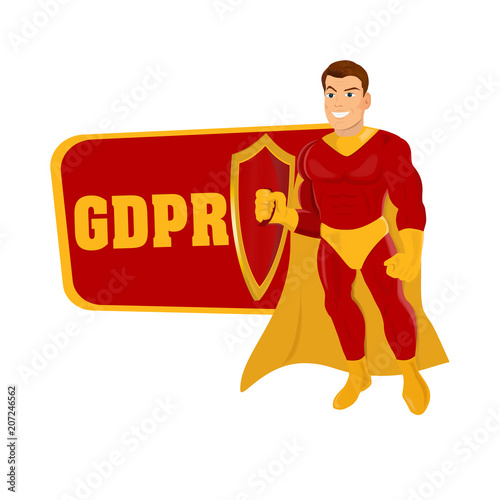Male superhero with shield and inscription GDPR cartoon style vector illustration isolated on white man in casual suit and in superhero disguise, super power.