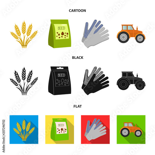 Spikelets of wheat, a packet of seeds, a tractor, gloves.Farm set collection icons in cartoon,black,flat style vector symbol stock illustration web.