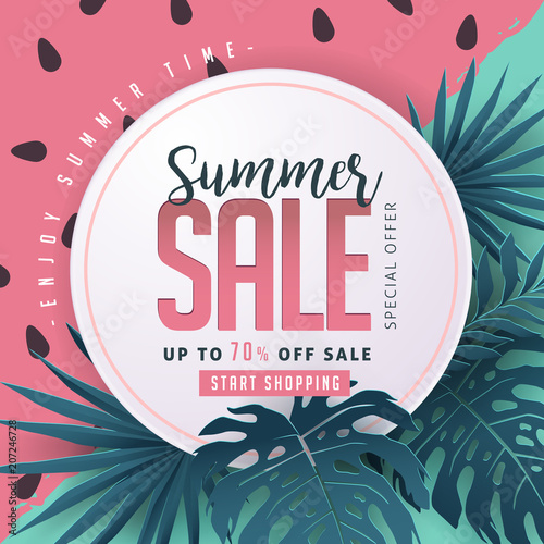 Summer sale background layout banners decorate with paper art tropical leaf.voucher discount.Vector illustration template.