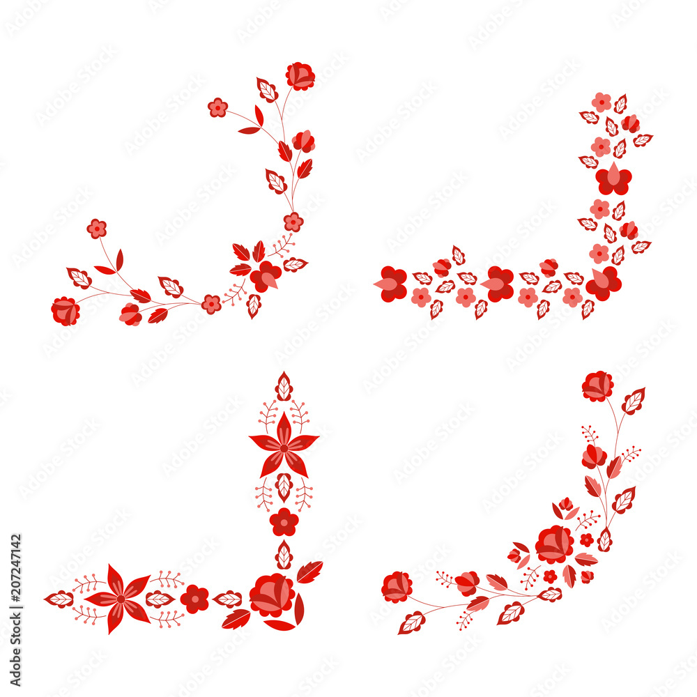 Polish folk pattern vector. Floral ethnic ornament. Slavic eastern european print. Red flower design for rustic wedding card, border corner, bohemian text decoration, gypsy fashion embroidery.
