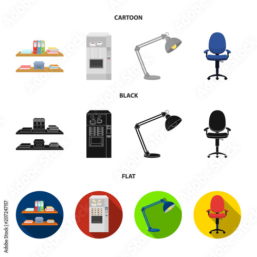 Shelves, folders and notebooks with business records, a coffee machine with cups, an armchair with a backrest on wheels, a desk lamp. Office Furniture set collection icons in cartoon,black,flat style