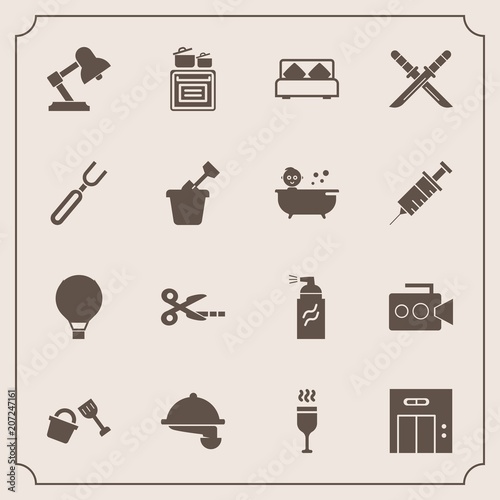 Modern, simple vector icon set with parachute, entrance, kitchen, abstract, tool, waiter, weapon, jump, sword, office, service, bed, food, drink, wine, modern, glass, grunge, film, handle, lift icons
