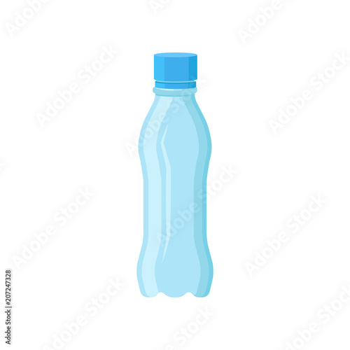 Transparent plastic bottle for mineral water. Small container with blue lid. Flat vector element for advertising poster or banner