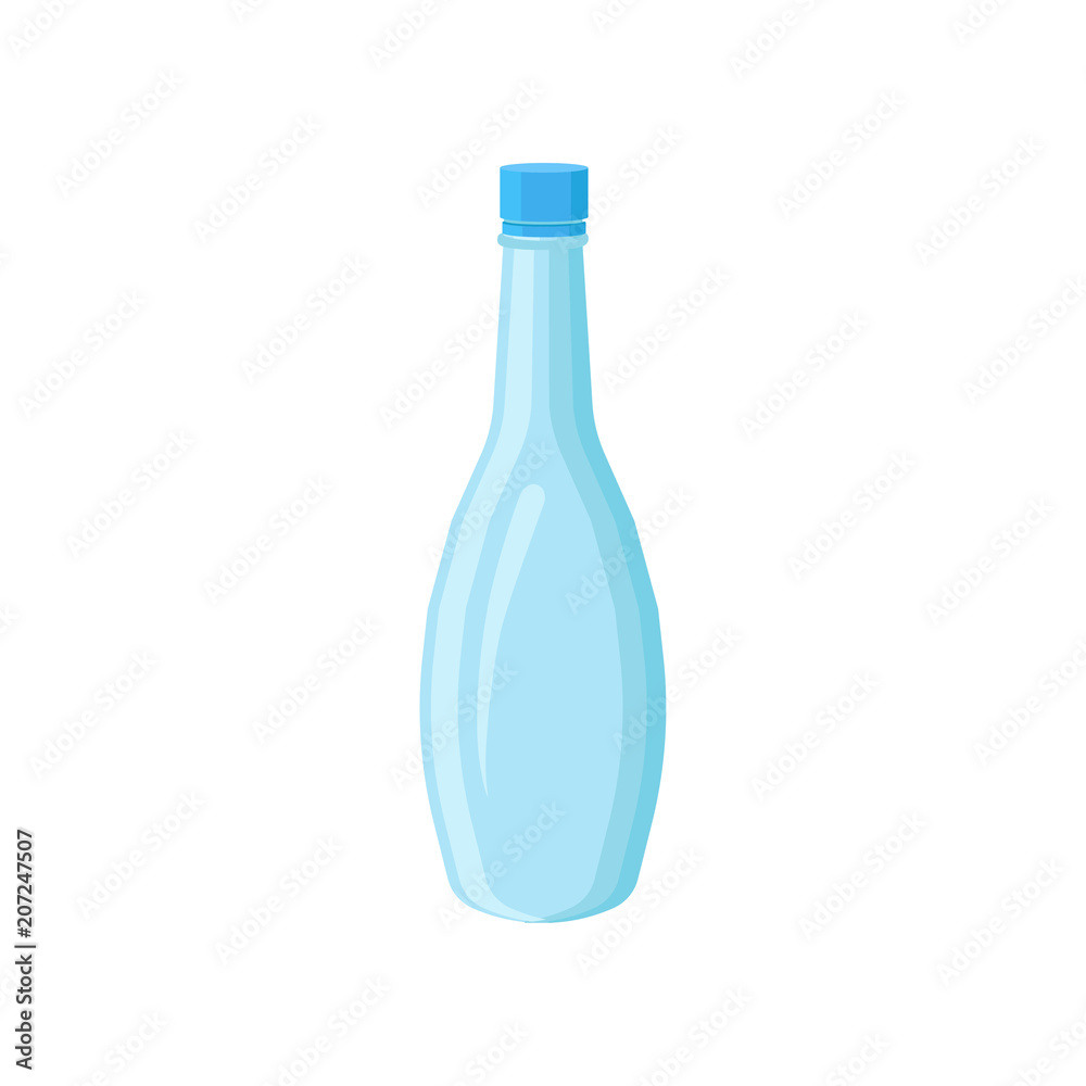 Tall plastic water bottle with narrow neck and blue lid. Container for storage liquids. Flat vector element for promo poster or flyer Tall plastic water bottle with narrow neck and blue lid. Container for storage liquids. Flat vector element for promo poster or flyer