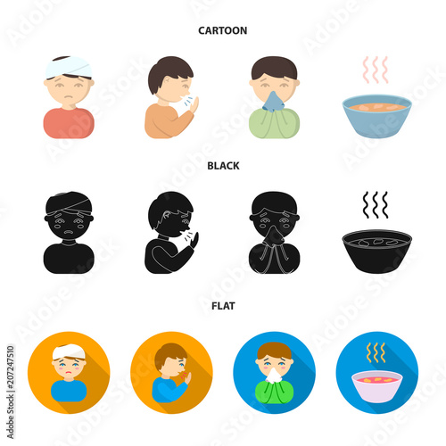 A man with a bandaged head, a man coughing, a man snorts a snot, a bowl, a bowl of hot broth into a handkerchief. Sick set collection icons in cartoon,black,flat style vector symbol stock illustration