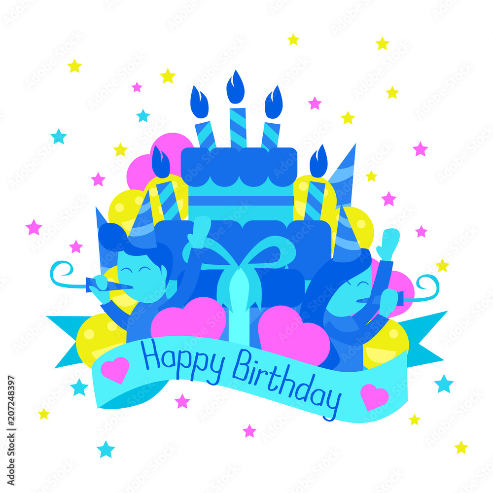 Birtday illustration for greeting card with blue tone dominant