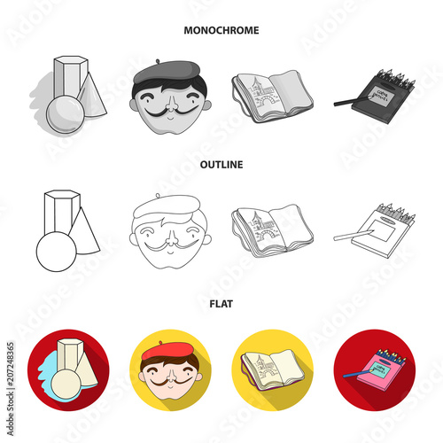 Geometric still life, a self-portrait of the artist, a notebook with drawings, a box of colored pencils.Artist and drawing set collection icons in flat,outline,monochrome style vector symbol stock
