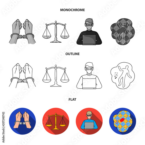 Handcuffs, scales of justice, hacker, crime scene.Crime set collection icons in flat,outline,monochrome style vector symbol stock illustration web.